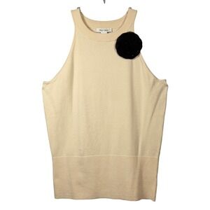 White House Black Market Silk Tank Top with Black Flower Brooch, Cream, Size L